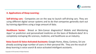Copyright @ 2018 Learntek. All Rights Reserved. 9
4. Applications of Deep Learning:
Self-driving cars: Companies are on the way to launch self-driving cars. They are
using different digital sensor systems and to do that companies generally start out
by training algorithms using a large amount of data.
Healthcare Sector: Breast or Skin-Cancer diagnostics? Mobile and Monitoring
Apps? or prediction and personalised medicine on the basis of Biobank-data? AI is
completely reshaping life sciences, medicine, and healthcare as an industry.
Voice Search & Voice-Activated Assistants: Google Home, Alexa, Cortona, Siri are
already assisting large number of users in their personal life. They are the result of
deep learning is voice search & voice-activated intelligent assistants.
 