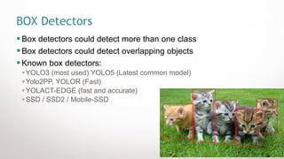 12
BOX Detectors
▪Box detectors could detect more than one class
▪Box detectors could detect overlapping objects
▪Known box detectors:
▪YOLO3 (most used) YOLO5 (Latest common model)
▪Yolo2PP, YOLOR (Fast)
▪YOLACT-EDGE (fast and accurate)
▪SSD / SSD2 / Mobile-SSD
 