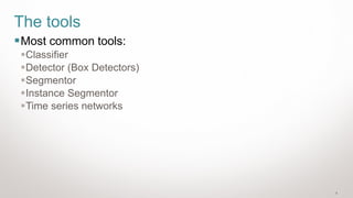 8
The tools
▪Most common tools:
▪Classifier
▪Detector (Box Detectors)
▪Segmentor
▪Instance Segmentor
▪Time series networks
 