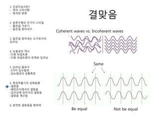 결맞음
1. 인공지능이란?
- 여러 고려사항
- 회귀와 분류
2. 분류수행의 두가지 스타일
- 틀린걸 가르기
- 닮은걸 찾아내기
3. 닮은걸 찾아내는 도구로서의
딥러닝
4. 뉴럴넷의 역사
-다층 퍼셉트론
-다층 퍼셉트론의 한계와 딥러닝
5. 딥러닝 돌파구
-3가지 딥뉴럴넷
-딥뉴럴넷의 공통특징
5. 특징추출기의 강화방향
-결맞음
-패턴인식에서의 결맞음
-딥러닝에 있어서의 결맞음
-결맞음 계산법
6. 완전한 결맞음을 향하여
Coherent waves vs. Incoherent waves
Same
Be equal Not be equal
 