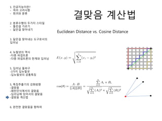 결맞음 계산법
1. 인공지능이란?
- 여러 고려사항
- 회귀와 분류
2. 분류수행의 두가지 스타일
- 틀린걸 가르기
- 닮은걸 찾아내기
3. 닮은걸 찾아내는 도구로서의
딥러닝
4. 뉴럴넷의 역사
-다층 퍼셉트론
-다층 퍼셉트론의 한계와 딥러닝
5. 딥러닝 돌파구
-3가지 딥뉴럴넷
-딥뉴럴넷의 공통특징
5. 특징추출기의 강화방향
-결맞음
-패턴인식에서의 결맞음
-딥러닝에 있어서의 결맞음
-결맞음 계산법
6. 완전한 결맞음을 향하여
Euclidean Distance vs. Cosine Distance
 