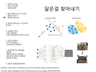 닮은걸 찾아내기
1. 인공지능이란?
- 여러 고려사항
- 회귀와 분류
2. 분류수행의 두가지 스타일
- 틀린걸 가르기
- 닮은걸 찾아내기
3. 닮은걸 찾아내는 도구로서의
딥러닝
4. 뉴럴넷의 역사
-다층 퍼셉트론
-다층 퍼셉트론의 한계와 딥러닝
5. 딥러닝 돌파구
-3가지 딥뉴럴넷
-딥뉴럴넷의 공통특징
5. 특징추출기의 강화방향
-결맞음
-패턴인식에서의 결맞음
-딥러닝에 있어서의 결맞음
-결맞음 계산법
6. 완전한 결맞음을 향하여
Cat face: https://wallpaperscraft.com/download/cat_face_happy_56740/2560x1440
?
Network: http://www.turingfinance.com/misconceptions-about-neural-networks/
 
