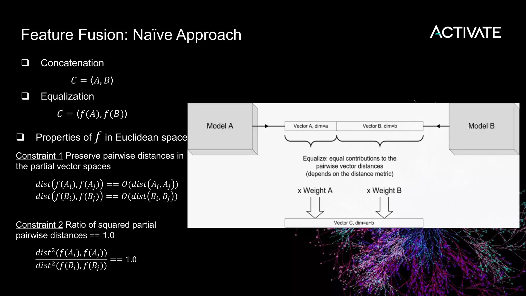 Feature Fusion: Naïve Approach
 Concatenation
𝐶 = 𝐴, 𝐵
 Equalization
𝐶 = 𝑓(𝐴), 𝑓(𝐵)
 Properties of 𝑓 in Euclidean space
Constraint 1 Preserve pairwise distances in
the partial vector spaces
𝑑𝑖𝑠𝑡 𝑓(𝐴𝑖), 𝑓(𝐴𝑗) == 𝑂(𝑑𝑖𝑠𝑡 𝐴𝑖, 𝐴𝑗 )
𝑑𝑖𝑠𝑡 𝑓(𝐵𝑖), 𝑓(𝐵𝑗) == 𝑂(𝑑𝑖𝑠𝑡 𝐵𝑖, 𝐵𝑗 )
Constraint 2 Ratio of squared partial
pairwise distances == 1.0
𝑑𝑖𝑠𝑡2
(𝑓(𝐴𝑖), 𝑓(𝐴𝑗))
𝑑𝑖𝑠𝑡2(𝑓(𝐵𝑖), 𝑓(𝐵𝑗))
== 1.0
 