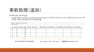 事前処理（追加）
pandas.get_dummies()
◦ pandas.DataFrameなら、pandas.get_dummies()メソッドでラベルエンコーディングとOneHotエンコーディ
ングを一気にやれるのでそっちの方が楽
day_of_week : [“fri”, “mon”, “thu”, …] を数値化＆OneHotエンコードカテゴリ以外のデータはそのまま
15
 