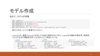 改めて、モデルを準備
◦ 変えたのは、ユニット数増やしたくらい。
◦ metricsには、精度（Accuracy）を出してもあまり意味がないので、y=yesとなる場合の適合率、再現率、
F1スコアを出す関数を自作（こんなの↓）して指定している。
モデル作成
20
 