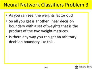108
• As you can see, the weights factor out!
• So all you get is another linear decision
boundary with a set of weights that is the
product of the two weight matrices.
• Is there any way you can get an arbitrary
decision boundary like this .
Neural Network Classifiers Problem 3
 