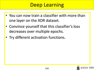 134
• You can now train a classifier with more than
one layer on the XOR dataset.
• Convince yourself that this classifier’s loss
decreases over multiple epochs.
• Try different activation functions.
Deep Learning
 
