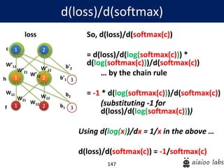 147
So, d(loss)/d(softmax(c))
= d(loss)/d(log(softmax(c))) *
d(log(softmax(c)))/d(softmax(c))
… by the chain rule
= -1 * d(log(softmax(c)))/d(softmax(c))
(substituting -1 for
d(loss)/d(log(softmax(c))))
Using d(log(x))/dx = 1/x in the above …
d(loss)/d(softmax(c)) = -1/softmax(c)
d(loss)/d(softmax)
1
1
W’11
2
2 3
W’21
W’12
W’22
b'1
b'2
1
W11
2 3
W21
W12
W22
b1
b2
h
c
f
loss
 