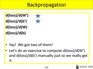 159
d(loss)/d(W’)
d(loss)/d(b’)
d(loss)/d(W)
d(loss)/d(b)
• Yay! We got two of them!
• Let’s do an exercise to compute d(loss)/d(W’)
and d(loss)/d(b’) manually just so we really get
it.
Backpropagation
 