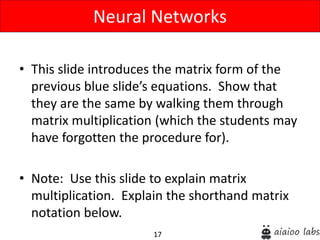 17
• This slide introduces the matrix form of the
previous blue slide’s equations. Show that
they are the same by walking them through
matrix multiplication (which the students may
have forgotten the procedure for).
• Note: Use this slide to explain matrix
multiplication. Explain the shorthand matrix
notation below.
Neural Networks
 