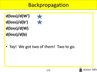 173
d(loss)/d(W’)
d(loss)/d(b’)
d(loss)/d(W)
d(loss)/d(b)
• Yay! We got two of them! Two to go.
Backpropagation
 