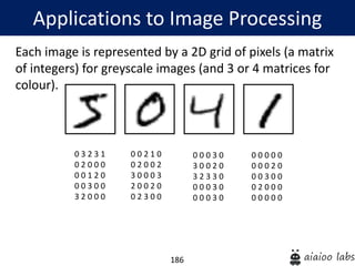 186
Applications to Image Processing
Each image is represented by a 2D grid of pixels (a matrix
of integers) for greyscale images (and 3 or 4 matrices for
colour).
0 3 2 3 1
0 2 0 0 0
0 0 1 2 0
0 0 3 0 0
3 2 0 0 0
0 0 2 1 0
0 2 0 0 2
3 0 0 0 3
2 0 0 2 0
0 2 3 0 0
0 0 0 3 0
3 0 0 2 0
3 2 3 3 0
0 0 0 3 0
0 0 0 3 0
0 0 0 0 0
0 0 0 2 0
0 0 3 0 0
0 2 0 0 0
0 0 0 0 0
 