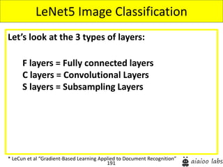 191
Let’s look at the 3 types of layers:
LeNet5 Image Classification
* LeCun et al “Gradient-Based Learning Applied to Document Recognition”
F layers = Fully connected layers
C layers = Convolutional Layers
S layers = Subsampling Layers
 