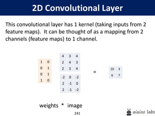 241
2D Convolutional Layer
This convolutional layer has 1 kernel (taking inputs from 2
feature maps). It can be thought of as a mapping from 2
channels (feature maps) to 1 channel.
weights * image
-2 0 -2
2 -1 0
2 -1 -2
=
4 3 4
2 4 3
2 3 4
0 1
1 0
1 0
0 1 10 3
6 7
 
