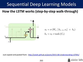 263
How the LSTM works (step-by-step walk-through)
Sequential Deep Learning Models
Just copied and pasted from: http://colah.github.io/posts/2015-08-Understanding-LSTMs/
 