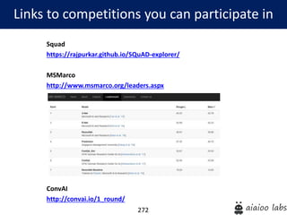 272
Squad
https://rajpurkar.github.io/SQuAD-explorer/
MSMarco
http://www.msmarco.org/leaders.aspx
ConvAI
http://convai.io/1_round/
Links to competitions you can participate in
 
