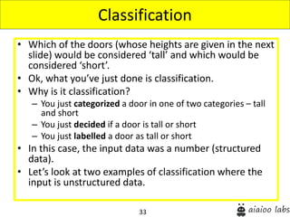 33
• Which of the doors (whose heights are given in the next
slide) would be considered ‘tall’ and which would be
considered ‘short’.
• Ok, what you’ve just done is classification.
• Why is it classification?
– You just categorized a door in one of two categories – tall
and short
– You just decided if a door is tall or short
– You just labelled a door as tall or short
• In this case, the input data was a number (structured
data).
• Let’s look at two examples of classification where the
input is unstructured data.
Classification
 