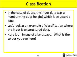 35
• In the case of doors, the input data was a
number (the door height) which is structured
data.
• Let’s look at an example of classification where
the input is unstructured data.
• Here is an image of a landscape. What is the
colour you see here?
Classification
 