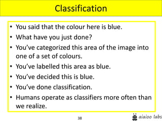 38
• You said that the colour here is blue.
• What have you just done?
• You’ve categorized this area of the image into
one of a set of colours.
• You’ve labelled this area as blue.
• You’ve decided this is blue.
• You’ve done classification.
• Humans operate as classifiers more often than
we realize.
Classification
 