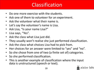 39
• Do one more exercise with the students.
• Ask one of them to volunteer for an experiment.
• Ask the volunteer what their name is.
• Let’s say the volunteer’s name is Lisa.
• Ask Lisa, “Is your name Lisa?”
• Lisa says, “Yes”.
• Ask the class what Lisa just did.
• They usually won’t realise she just performed classification.
• Ask the class what choices Lisa had to pick from.
• Her choices for an answer were limited to “yes” and “no”.
• So she chose from one of two (a finite set of) categories.
• So she performed classification.
• This is another example of classification where the input
data is unstructured (speech or text).
Classification
 