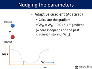 86
Nudging the parameters
Features f
Classes c
W
• Adaptive Gradient (AdaGrad)
Calculate the gradient
W11 = W11 – 0.01 * k * gradient
(where k depends on the past
gradient history of W11)
W
loss
 