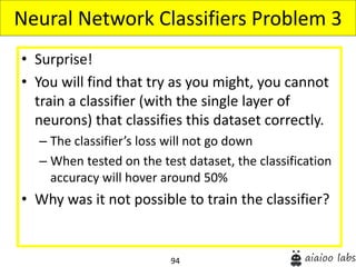 94
• Surprise!
• You will find that try as you might, you cannot
train a classifier (with the single layer of
neurons) that classifies this dataset correctly.
– The classifier’s loss will not go down
– When tested on the test dataset, the classification
accuracy will hover around 50%
• Why was it not possible to train the classifier?
Neural Network Classifiers Problem 3
 