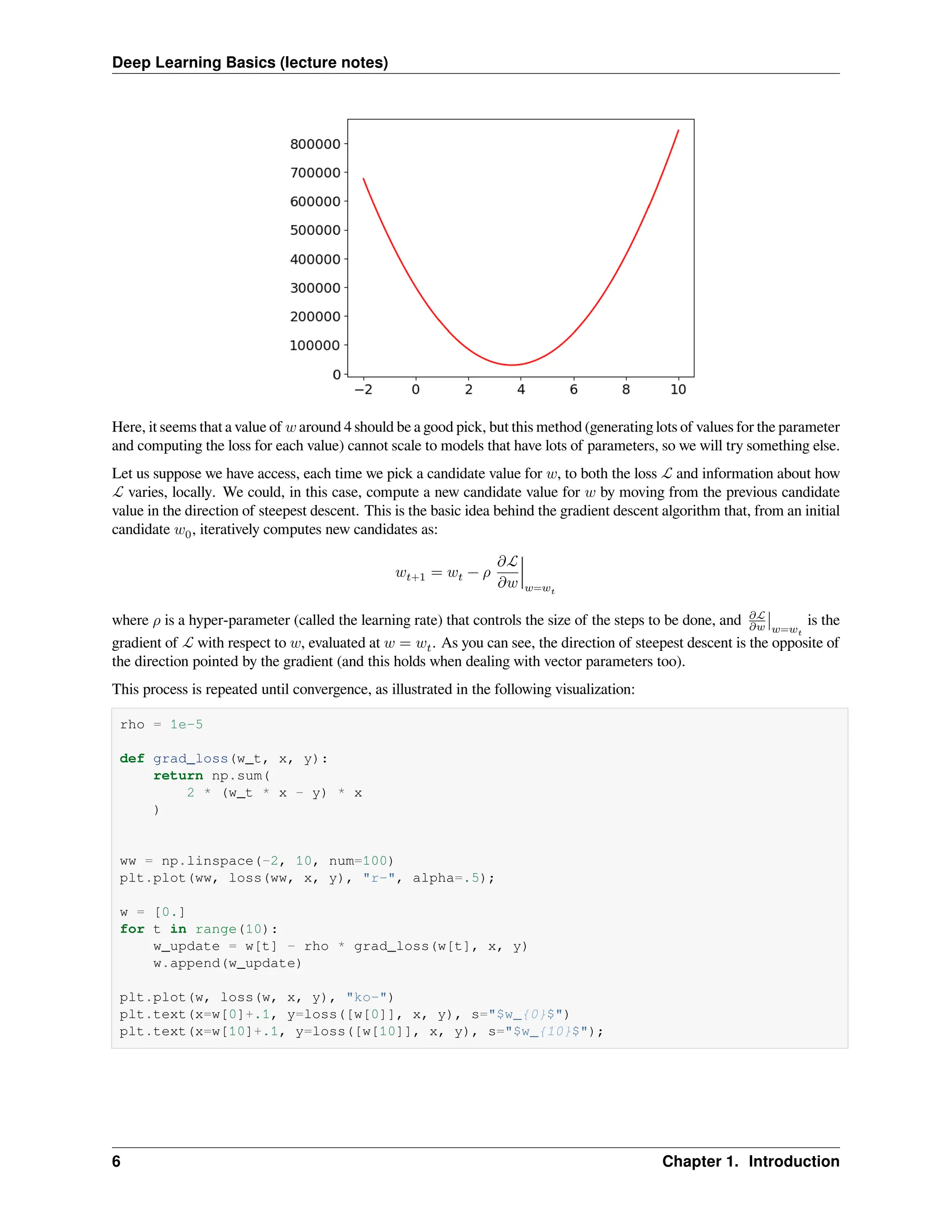 Deep Learning Basics (lecture notes) Here, it seems that a value of 𝑤 around 4 should be a good pick, but this method (generating lots of values for the parameter and computing the loss for each value) cannot scale to models that have lots of parameters, so we will try something else. Let us suppose we have access, each time we pick a candidate value for 𝑤, to both the loss ℒ and information about how ℒ varies, locally. We could, in this case, compute a new candidate value for 𝑤 by moving from the previous candidate value in the direction of steepest descent. This is the basic idea behind the gradient descent algorithm that, from an initial candidate 𝑤0, iteratively computes new candidates as: 𝑤𝑡+1 = 𝑤𝑡 − 𝜌 𝜕ℒ 𝜕𝑤 ∣ 𝑤=𝑤𝑡 where 𝜌 is a hyper-parameter (called the learning rate) that controls the size of the steps to be done, and 𝜕ℒ 𝜕𝑤 ∣𝑤=𝑤𝑡 is the gradient of ℒ with respect to 𝑤, evaluated at 𝑤 = 𝑤𝑡. As you can see, the direction of steepest descent is the opposite of the direction pointed by the gradient (and this holds when dealing with vector parameters too). This process is repeated until convergence, as illustrated in the following visualization: rho = 1e-5 def grad_loss(w_t, x, y): return np.sum( 2 * (w_t * x - y) * x ) ww = np.linspace(-2, 10, num=100) plt.plot(ww, loss(ww, x, y), "r-", alpha=.5); w = [0.] for t in range(10): w_update = w[t] - rho * grad_loss(w[t], x, y) w.append(w_update) plt.plot(w, loss(w, x, y), "ko-") plt.text(x=w[0]+.1, y=loss([w[0]], x, y), s="$w_{0}$") plt.text(x=w[10]+.1, y=loss([w[10]], x, y), s="$w_{10}$"); 6 Chapter 1. Introduction 