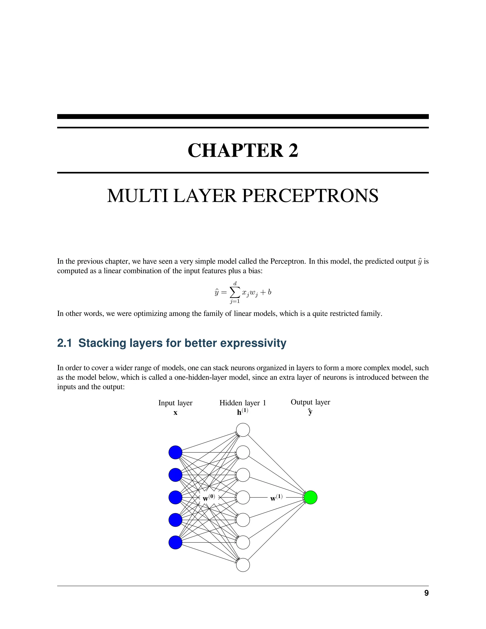 CHAPTER 2 MULTI LAYER PERCEPTRONS In the previous chapter, we have seen a very simple model called the Perceptron. In this model, the predicted output ̂ 𝑦 is computed as a linear combination of the input features plus a bias: ̂ 𝑦 = 𝑑 ∑ 𝑗=1 𝑥𝑗𝑤𝑗 + 𝑏 In other words, we were optimizing among the family of linear models, which is a quite restricted family. 2.1 Stacking layers for better expressivity In order to cover a wider range of models, one can stack neurons organized in layers to form a more complex model, such as the model below, which is called a one-hidden-layer model, since an extra layer of neurons is introduced between the inputs and the output: Input layer x Hidden layer 1 h(1) Output layer ̂ y w(0) w(1) 9 