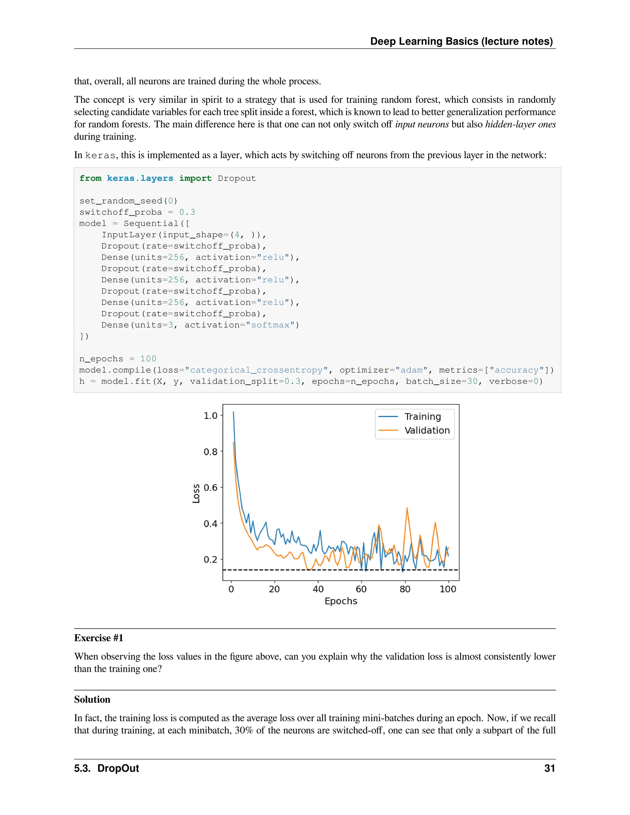 Deep Learning Basics (lecture notes) that, overall, all neurons are trained during the whole process. The concept is very similar in spirit to a strategy that is used for training random forest, which consists in randomly selecting candidate variables for each tree split inside a forest, which is known to lead to better generalization performance for random forests. The main difference here is that one can not only switch off input neurons but also hidden-layer ones during training. In keras, this is implemented as a layer, which acts by switching off neurons from the previous layer in the network: from keras.layers import Dropout set_random_seed(0) switchoff_proba = 0.3 model = Sequential([ InputLayer(input_shape=(4, )), Dropout(rate=switchoff_proba), Dense(units=256, activation="relu"), Dropout(rate=switchoff_proba), Dense(units=256, activation="relu"), Dropout(rate=switchoff_proba), Dense(units=256, activation="relu"), Dropout(rate=switchoff_proba), Dense(units=3, activation="softmax") ]) n_epochs = 100 model.compile(loss="categorical_crossentropy", optimizer="adam", metrics=["accuracy"]) h = model.fit(X, y, validation_split=0.3, epochs=n_epochs, batch_size=30, verbose=0) Exercise #1 When observing the loss values in the figure above, can you explain why the validation loss is almost consistently lower than the training one? Solution In fact, the training loss is computed as the average loss over all training mini-batches during an epoch. Now, if we recall that during training, at each minibatch, 30% of the neurons are switched-off, one can see that only a subpart of the full 5.3. DropOut 31 