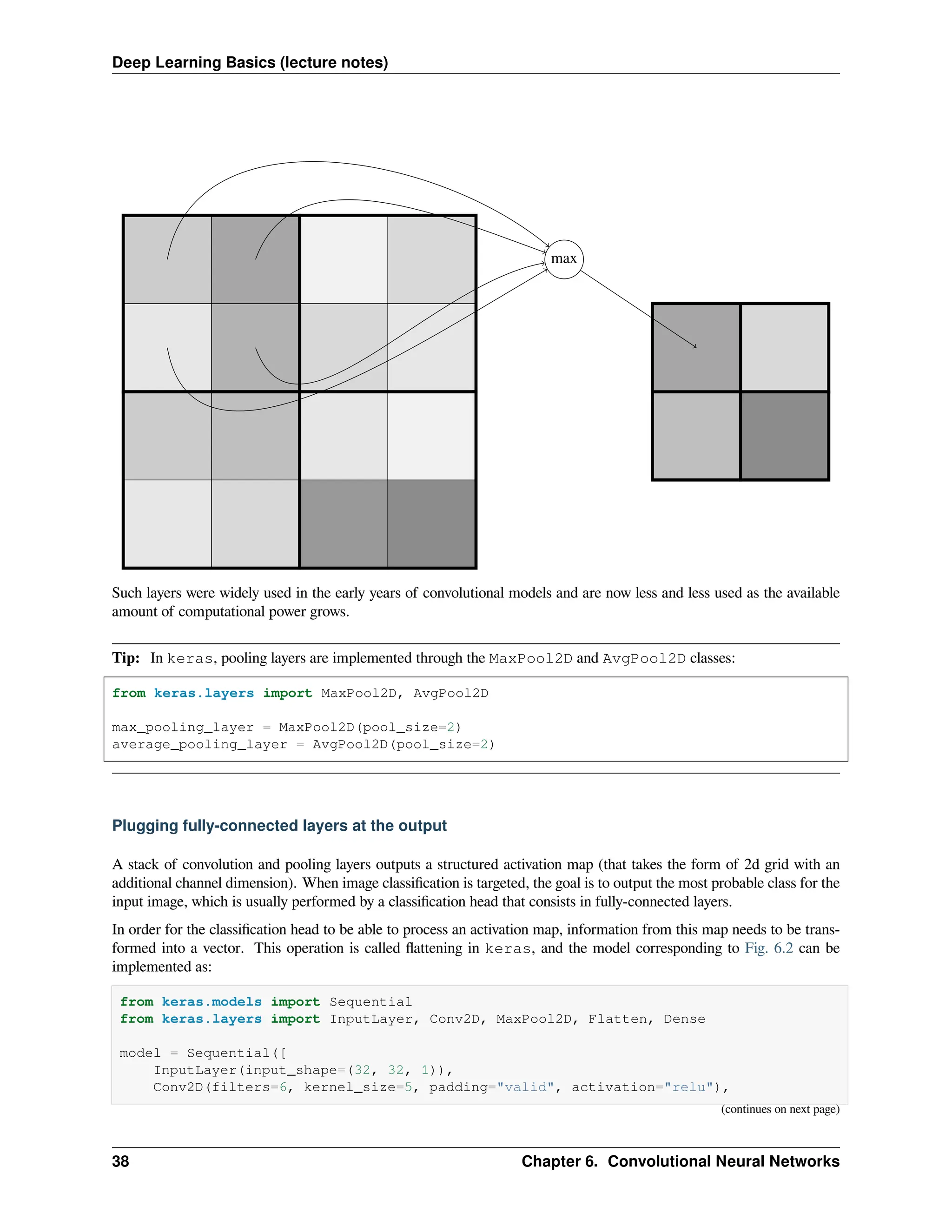 Deep Learning Basics (lecture notes) max Such layers were widely used in the early years of convolutional models and are now less and less used as the available amount of computational power grows. Tip: In keras, pooling layers are implemented through the MaxPool2D and AvgPool2D classes: from keras.layers import MaxPool2D, AvgPool2D max_pooling_layer = MaxPool2D(pool_size=2) average_pooling_layer = AvgPool2D(pool_size=2) Plugging fully-connected layers at the output A stack of convolution and pooling layers outputs a structured activation map (that takes the form of 2d grid with an additional channel dimension). When image classification is targeted, the goal is to output the most probable class for the input image, which is usually performed by a classification head that consists in fully-connected layers. In order for the classification head to be able to process an activation map, information from this map needs to be trans- formed into a vector. This operation is called flattening in keras, and the model corresponding to Fig. 6.2 can be implemented as: from keras.models import Sequential from keras.layers import InputLayer, Conv2D, MaxPool2D, Flatten, Dense model = Sequential([ InputLayer(input_shape=(32, 32, 1)), Conv2D(filters=6, kernel_size=5, padding="valid", activation="relu"), (continues on next page) 38 Chapter 6. Convolutional Neural Networks 