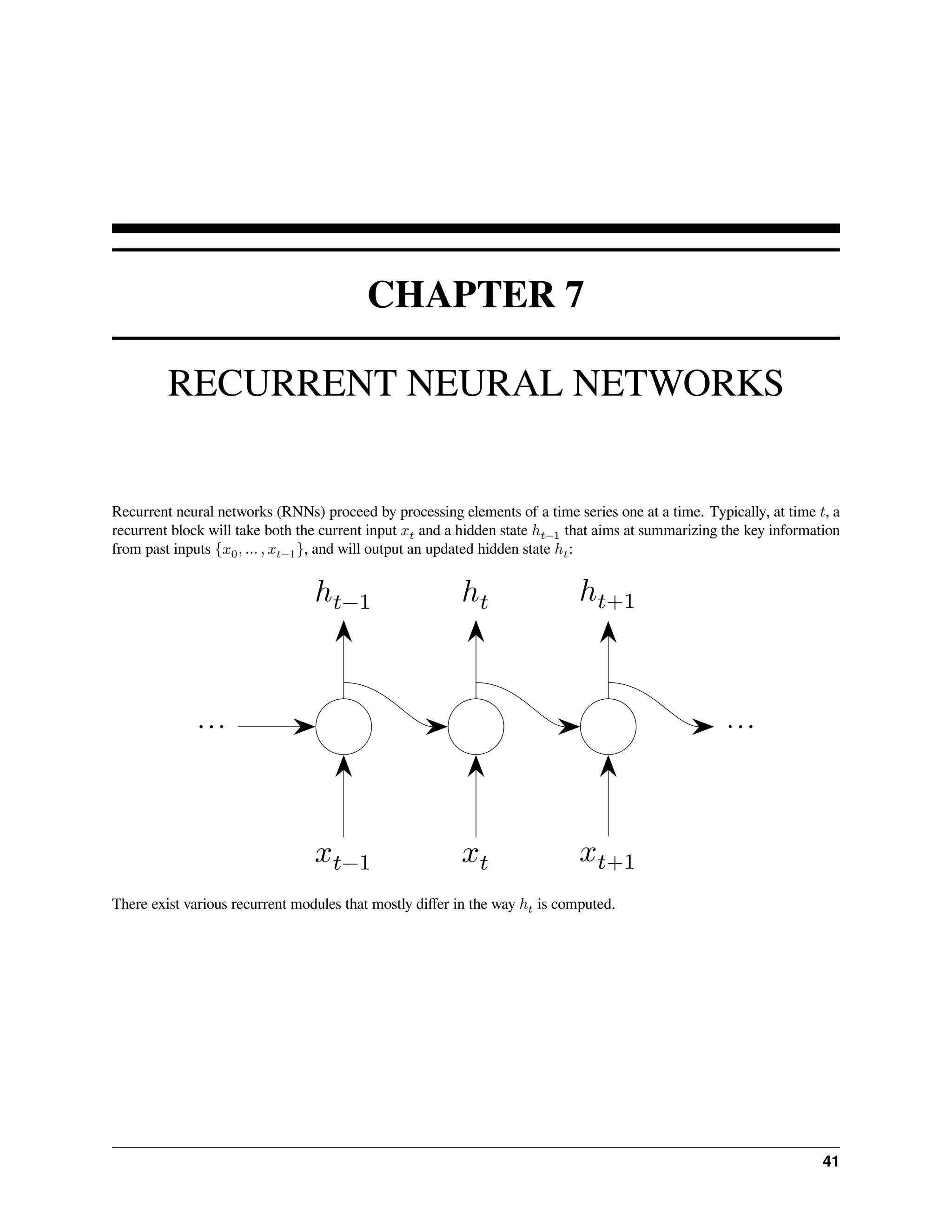 CHAPTER 7 RECURRENT NEURAL NETWORKS Recurrent neural networks (RNNs) proceed by processing elements of a time series one at a time. Typically, at time 𝑡, a recurrent block will take both the current input 𝑥𝑡 and a hidden state ℎ𝑡−1 that aims at summarizing the key information from past inputs {𝑥0, … , 𝑥𝑡−1}, and will output an updated hidden state ℎ𝑡: … … ℎ𝑡 𝑥𝑡 ℎ𝑡−1 𝑥𝑡−1 ℎ𝑡+1 𝑥𝑡+1 There exist various recurrent modules that mostly differ in the way ℎ𝑡 is computed. 41 
