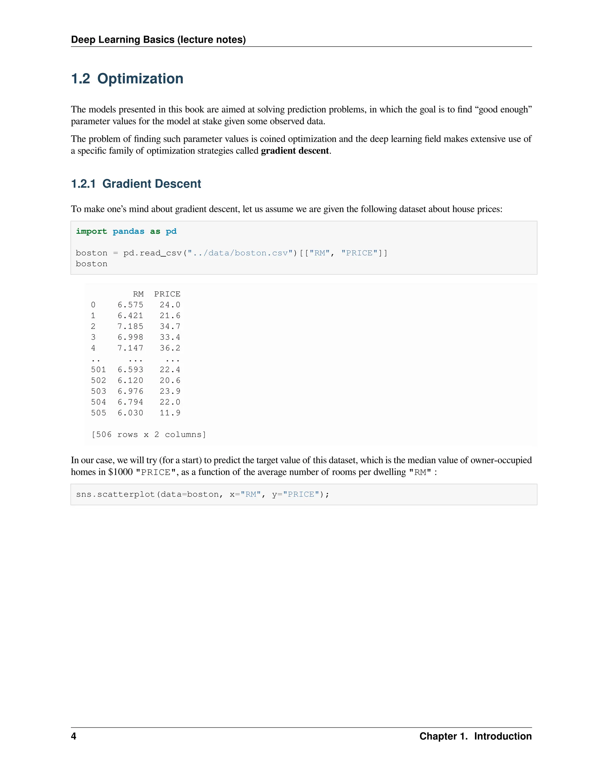 Deep Learning Basics (lecture notes) 1.2 Optimization The models presented in this book are aimed at solving prediction problems, in which the goal is to find “good enough” parameter values for the model at stake given some observed data. The problem of finding such parameter values is coined optimization and the deep learning field makes extensive use of a specific family of optimization strategies called gradient descent. 1.2.1 Gradient Descent To make one’s mind about gradient descent, let us assume we are given the following dataset about house prices: import pandas as pd boston = pd.read_csv("../data/boston.csv")[["RM", "PRICE"]] boston RM PRICE 0 6.575 24.0 1 6.421 21.6 2 7.185 34.7 3 6.998 33.4 4 7.147 36.2 .. ... ... 501 6.593 22.4 502 6.120 20.6 503 6.976 23.9 504 6.794 22.0 505 6.030 11.9 [506 rows x 2 columns] In our case, we will try (for a start) to predict the target value of this dataset, which is the median value of owner-occupied homes in $1000 "PRICE", as a function of the average number of rooms per dwelling "RM" : sns.scatterplot(data=boston, x="RM", y="PRICE"); 4 Chapter 1. Introduction 
