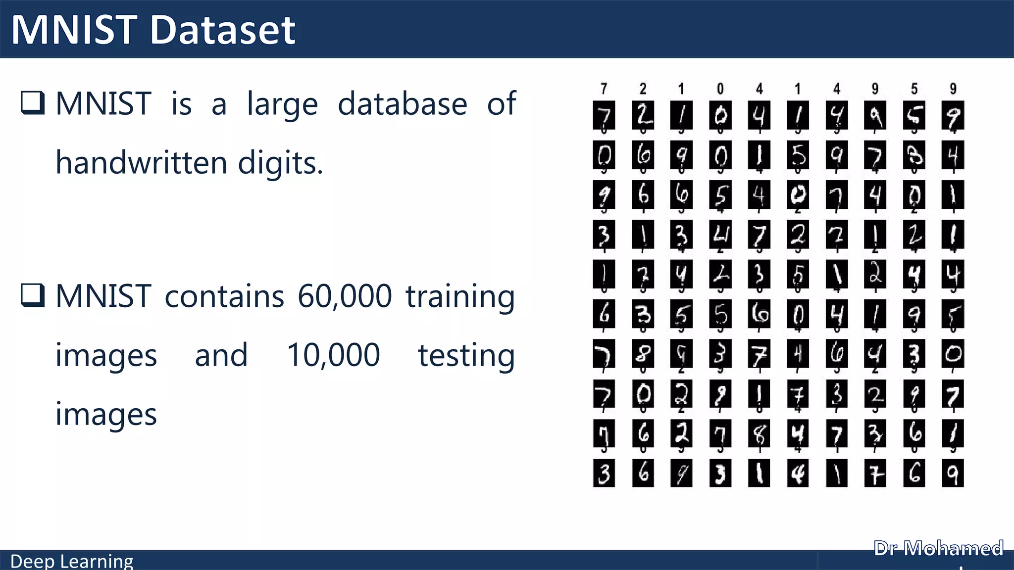 Deep Learning
 MNIST is a large database of
handwritten digits.
 MNIST contains 60,000 training
images and 10,000 testing
images
 