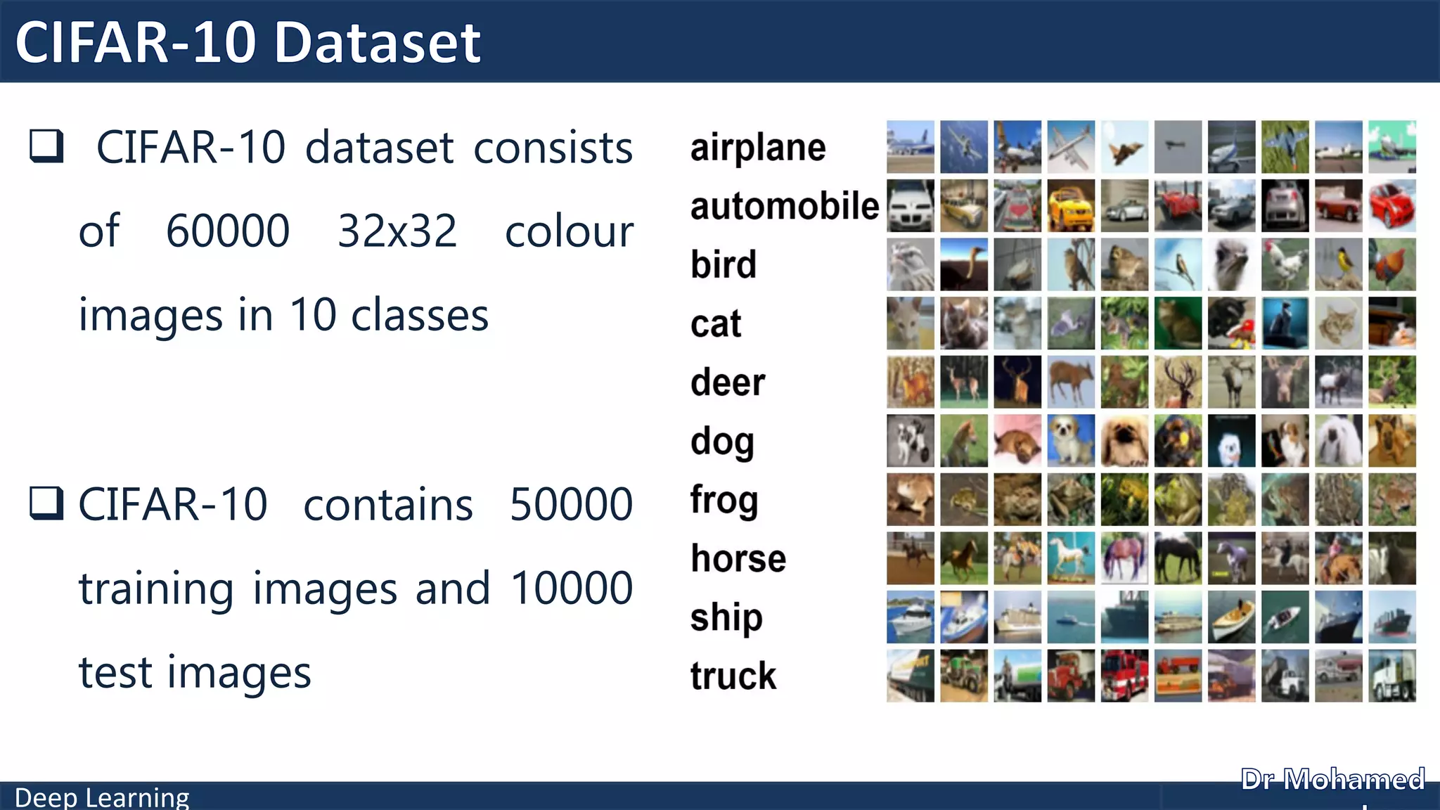 Deep Learning
 CIFAR-10 dataset consists
of 60000 32x32 colour
images in 10 classes
 CIFAR-10 contains 50000
training images and 10000
test images
 