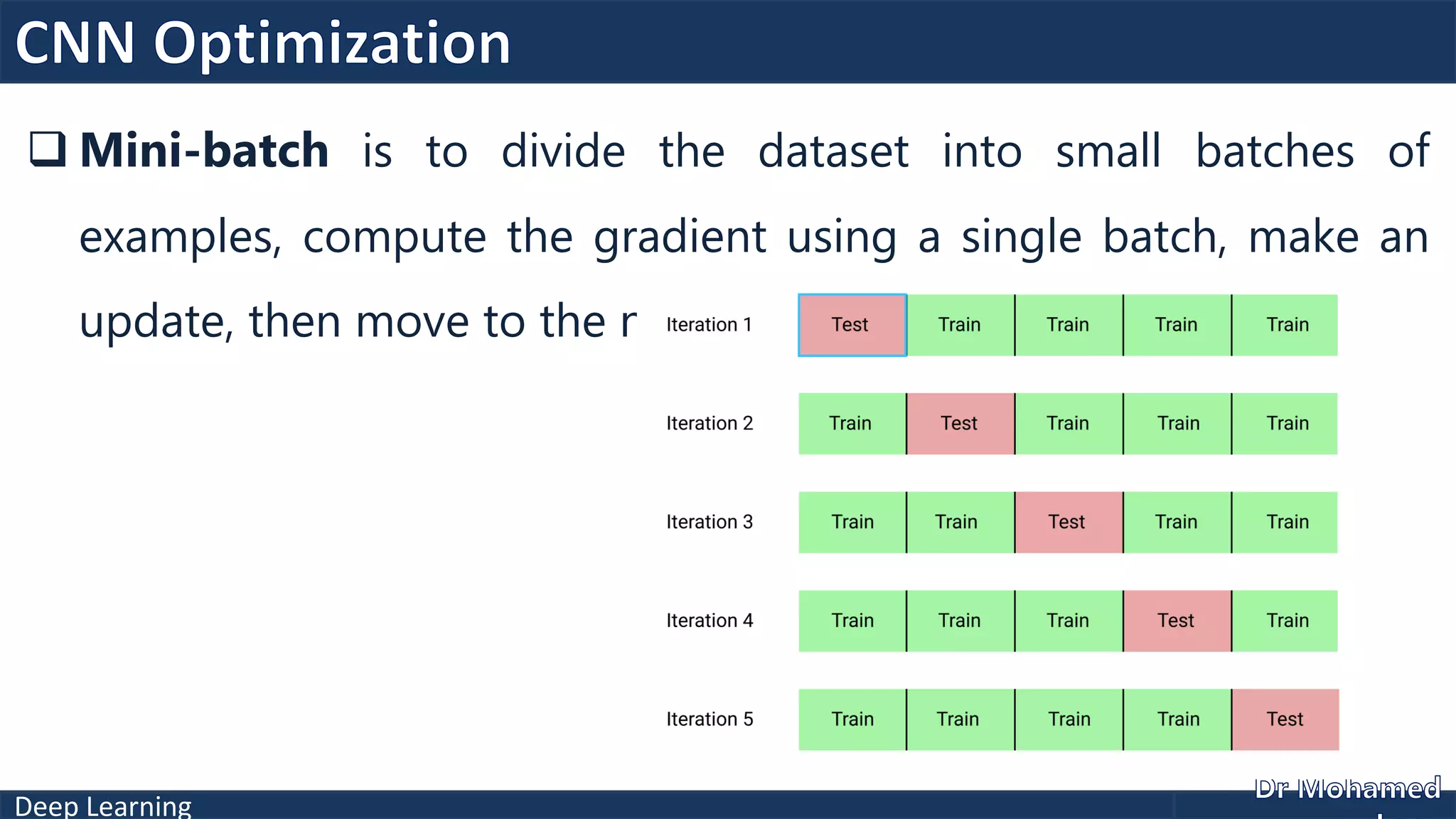 Deep Learning
 Mini-batch is to divide the dataset into small batches of
examples, compute the gradient using a single batch, make an
update, then move to the next batch.
 