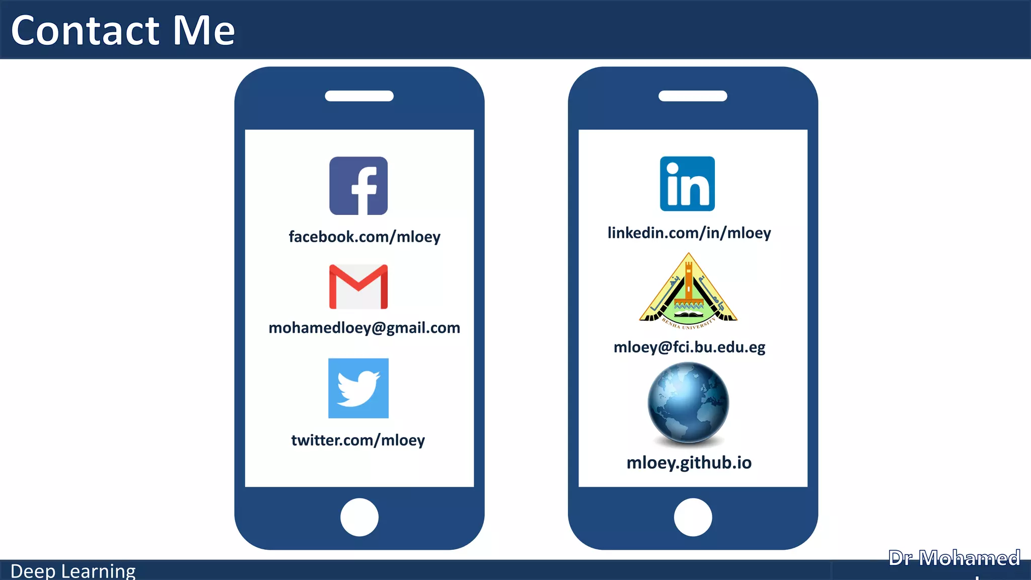 Deep Learning
facebook.com/mloey
mohamedloey@gmail.com
twitter.com/mloey
linkedin.com/in/mloey
mloey@fci.bu.edu.eg
mloey.github.io
 