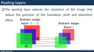Deep Learning
 The pooling layer reduces the resolution of the image that
reduce the precision of the translation (shift and distortion)
effect.
 