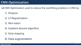 Deep Learning
 CNN Optimization used to reduce the overfitting problem in CNN by:
1) Dropout
2) L2 Regularization
3) Mini-batch
4) Gradient descent algorithm
5) Early stopping
6) Data augmentation
 