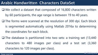 Deep Learning
 We collect a dataset that composed of 16,800 characters written
by 60 participants, the age range is between 19 to 40 years.
 The forms were scanned at the resolution of 300 dpi. Each block
is segmented automatically using Matlab 2016a to determining
the coordinates for each block.
 The database is partitioned into two sets: a training set (13,440
characters to 480 images per class) and a test set (3,360
characters to 120 images per class).
 