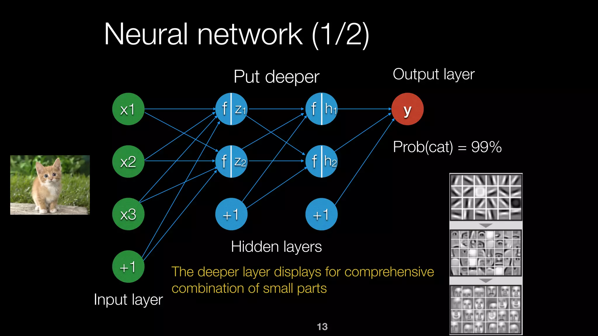 13
Neural network (1/2)
x1
x2
x3
+1
Input layer
+1 +1
y
Hidden layers
Output layer
f
f
f
f
h1
h2
z1
z2
Put deeper
The deeper layer displays for comprehensive
combination of small parts
Prob(cat) = 99%
 