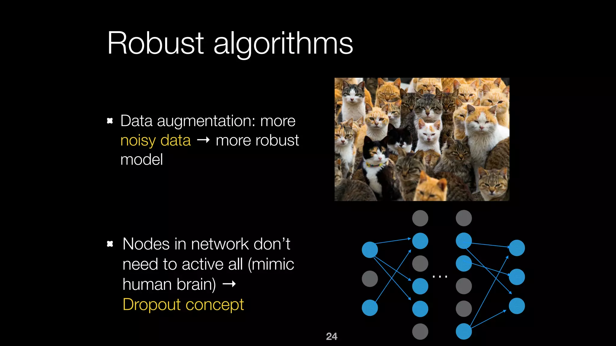 24
Robust algorithms
Data augmentation: more
noisy data → more robust
model
Nodes in network don’t
need to active all (mimic
human brain) →  
Dropout concept
…
 