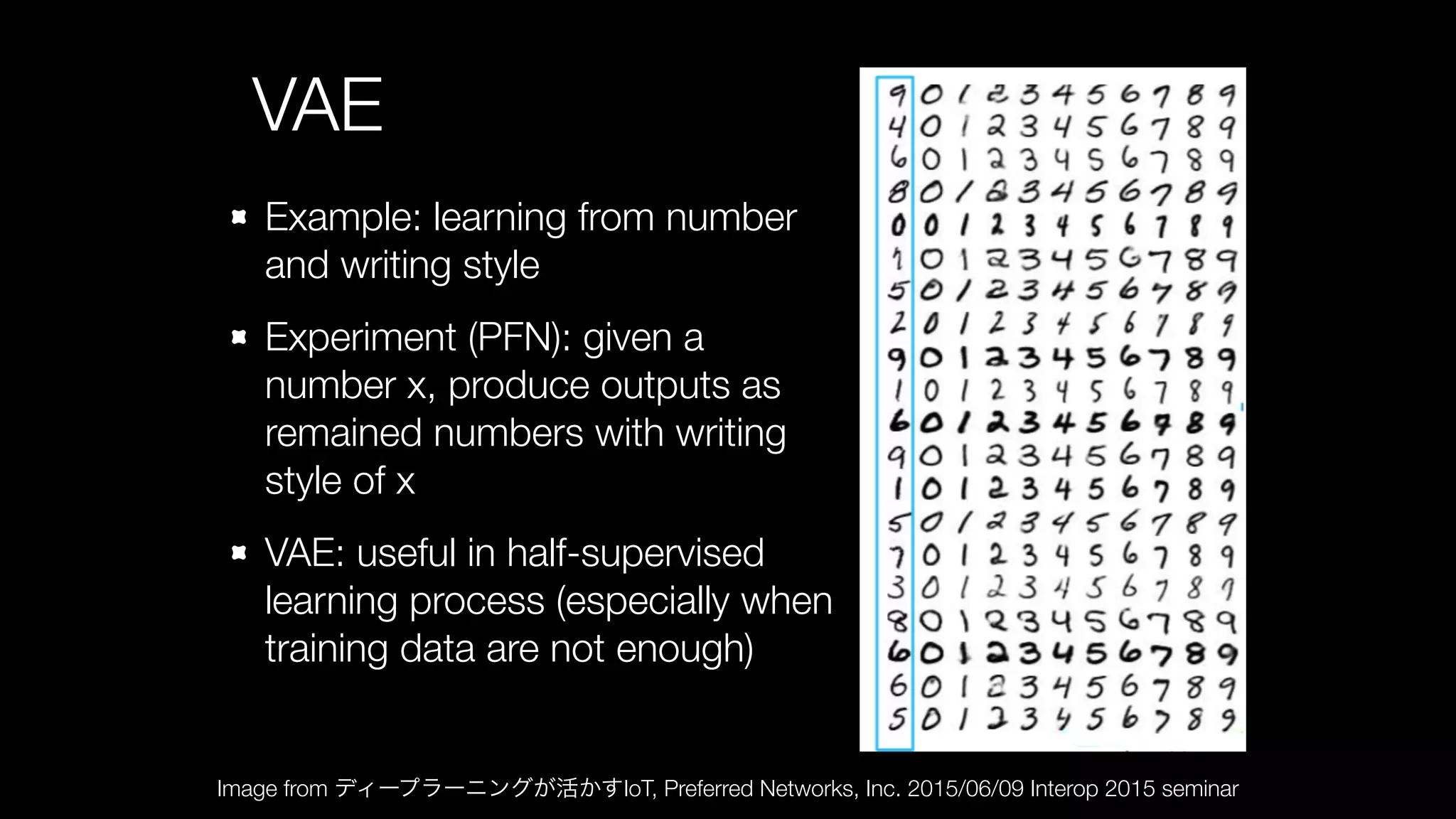 VAE
Example: learning from number
and writing style
Experiment (PFN): given a
number x, produce outputs as
remained numbers with writing
style of x
VAE: useful in half-supervised
learning process (especially when
training data are not enough)
Image from ディープラーニングが活かすIoT, Preferred Networks, Inc. 2015/06/09 Interop 2015 seminar
 