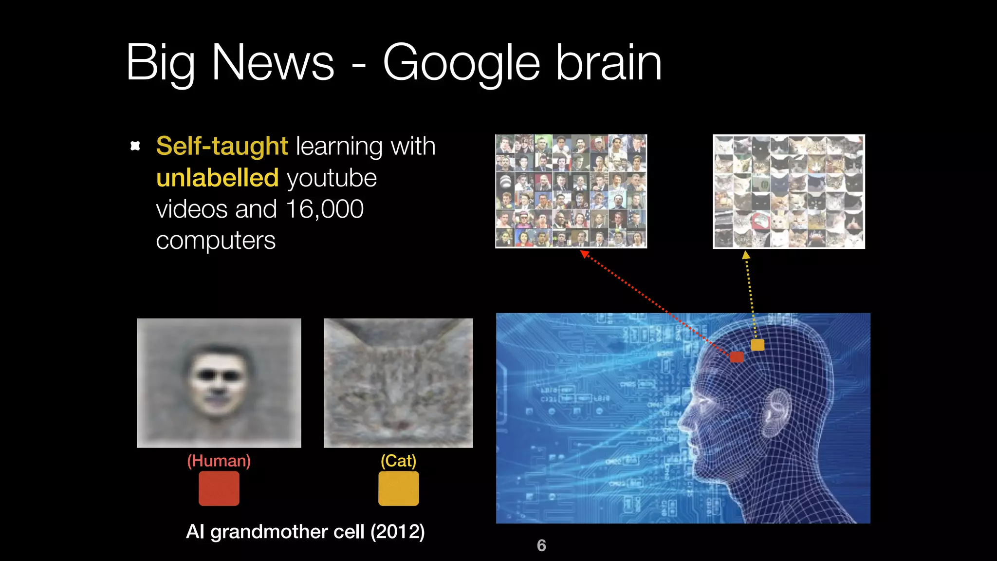 6
Big News - Google brain
Self-taught learning with
unlabelled youtube
videos and 16,000
computers
AI grandmother cell (2012)
(Cat)(Human)
 