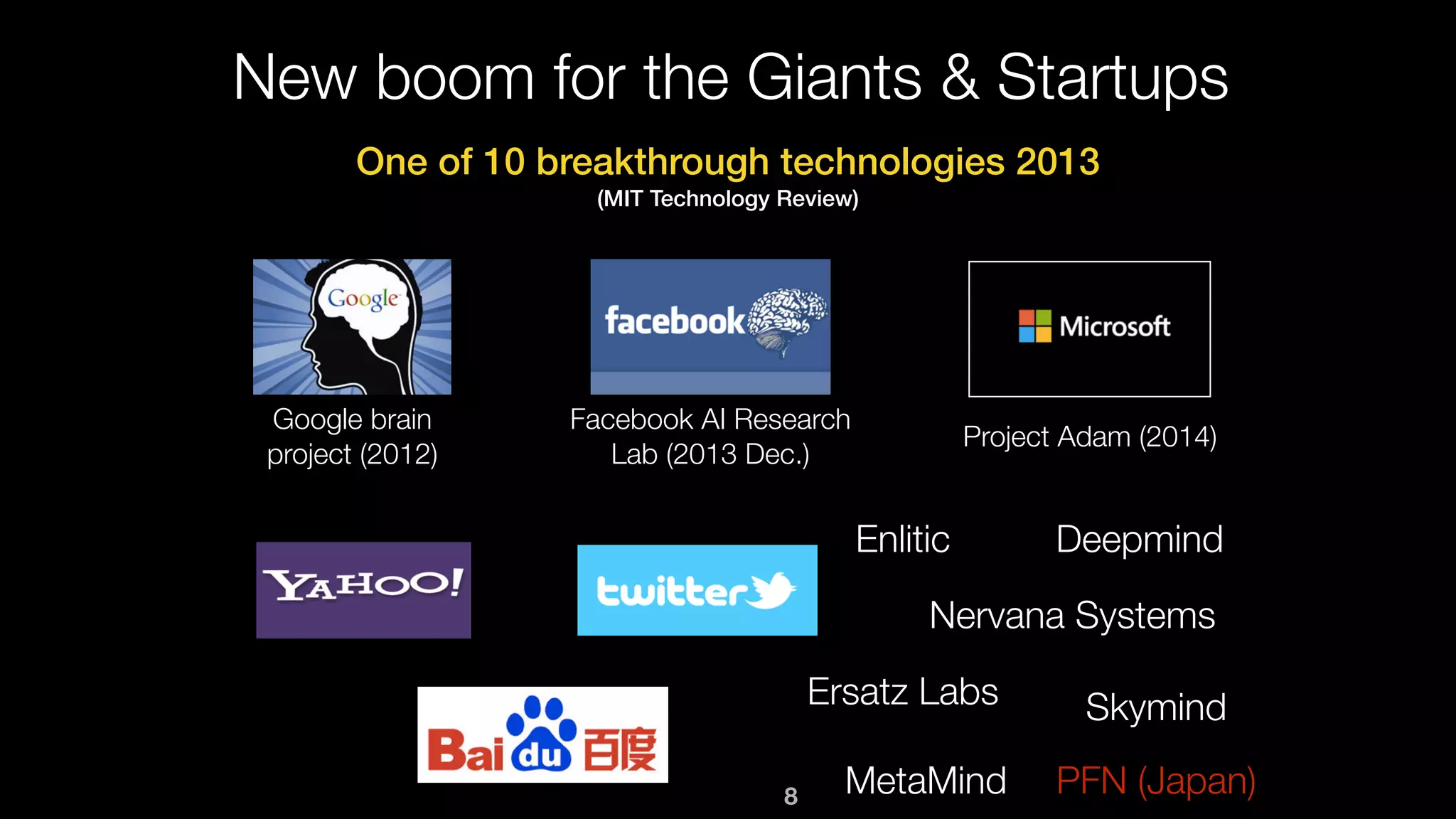 8
New boom for the Giants & Startups
Google brain
project (2012)
Facebook AI Research
Lab (2013 Dec.)
Project Adam (2014)
Enlitic
Ersatz Labs
MetaMind
Nervana Systems
Skymind
Deepmind
One of 10 breakthrough technologies 2013
(MIT Technology Review)
PFN (Japan)
 