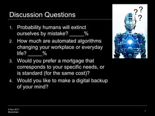 9 Nov 2017
Blockchain
Discussion Questions
1. Probability humans will extinct
ourselves by mistake? _____%
2. How much are...