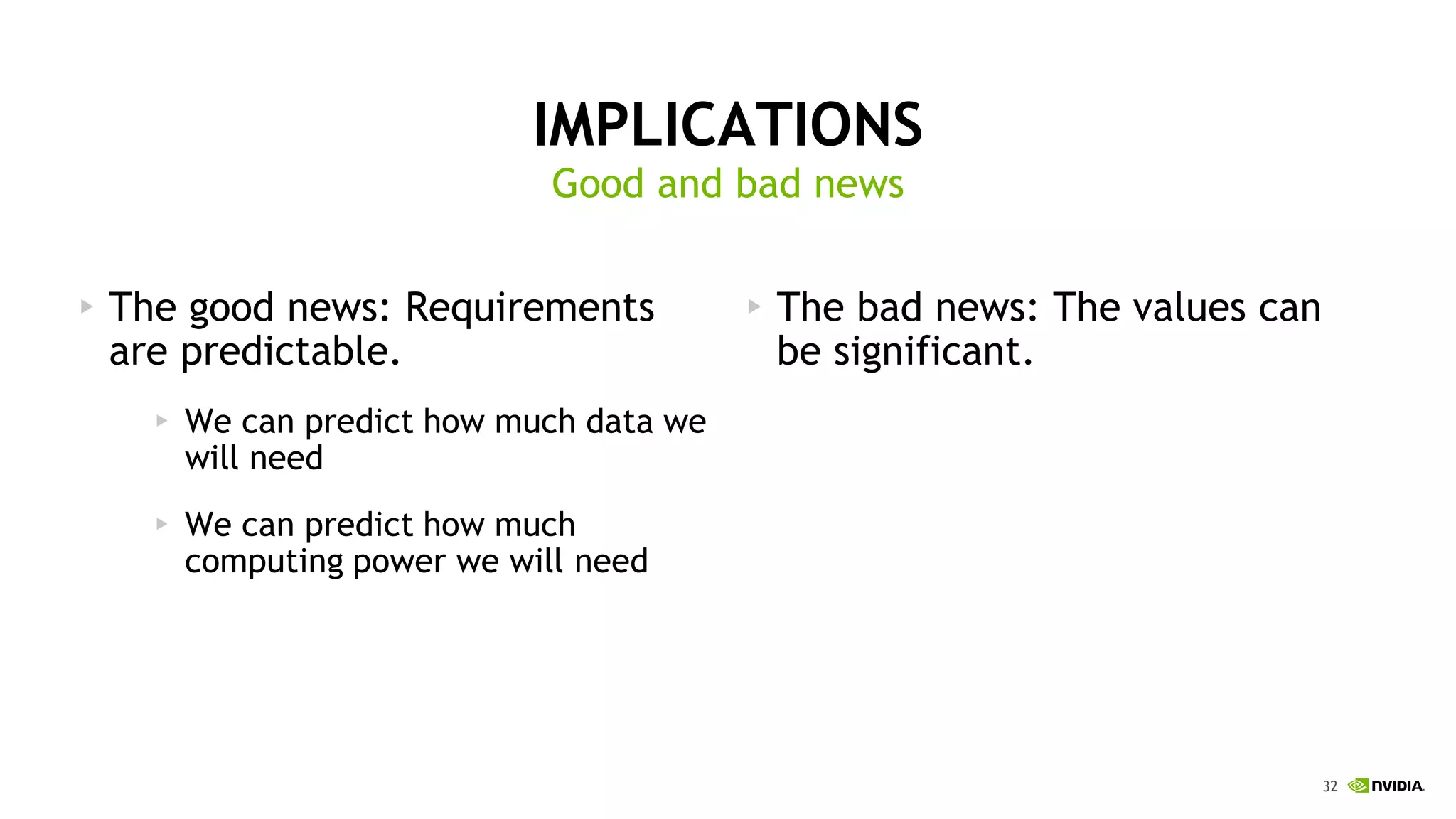 32
IMPLICATIONS
The good news: Requirements
are predictable.
We can predict how much data we
will need
We can predict how much
computing power we will need
The bad news: The values can
be significant.
Good and bad news
 