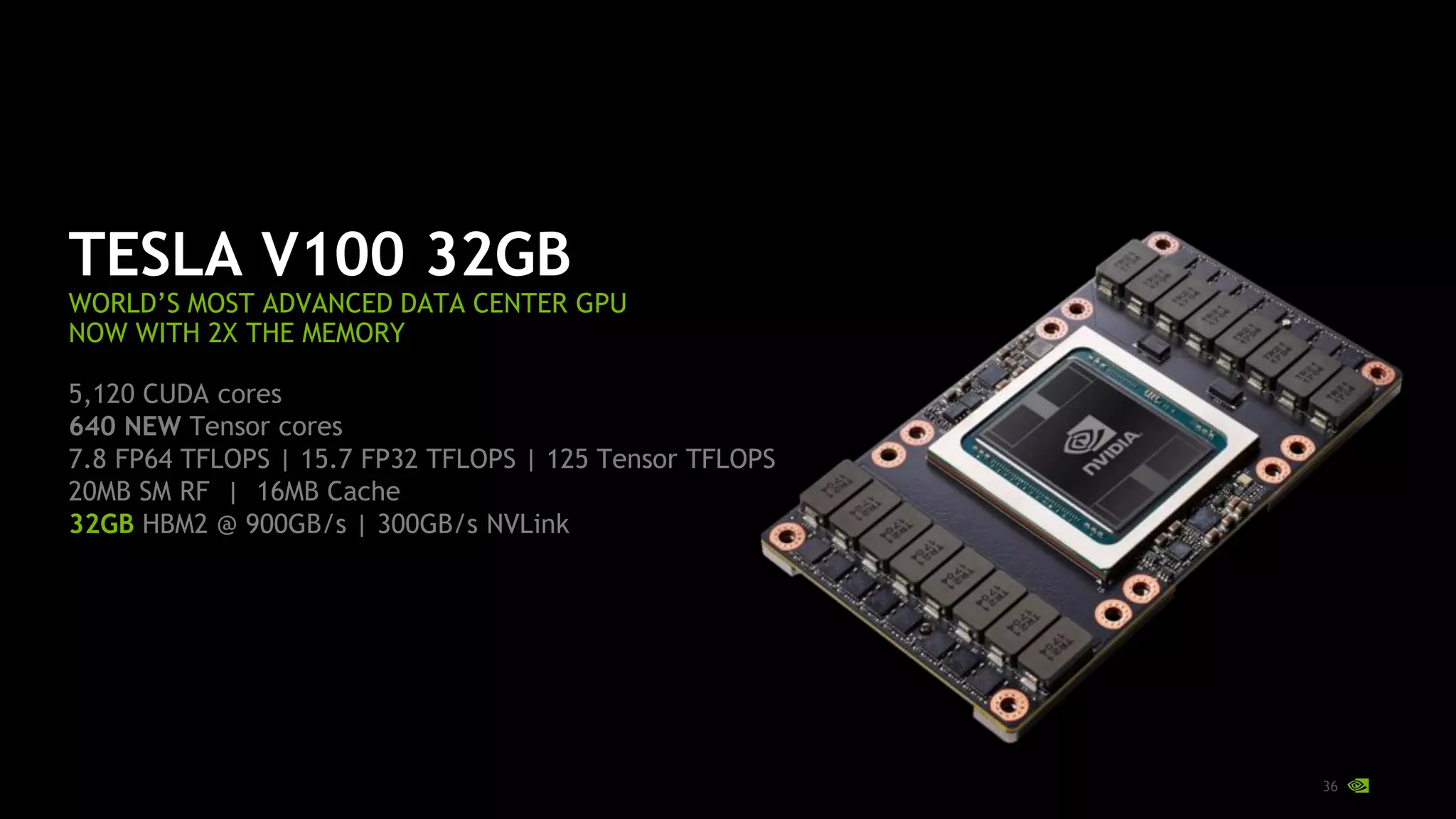 36
TESLA V100 32GB
WORLD’S MOST ADVANCED DATA CENTER GPU
NOW WITH 2X THE MEMORY
5,120 CUDA cores
640 NEW Tensor cores
7.8 FP64 TFLOPS | 15.7 FP32 TFLOPS | 125 Tensor TFLOPS
20MB SM RF | 16MB Cache
32GB HBM2 @ 900GB/s | 300GB/s NVLink
 