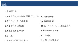 構成
2章 線形代数
2.1 スカラー, ベクトル, 行列, テンソル
2.2 行列とベクトルの乗算
2.3 単位行列と逆行列
2.4 線形従属とスパン
2.5 ノルム
2.6 特殊な行列とベクトル
2.7 固有値分解
2.8 特異値分解 
2.9 ムーア・ペンローズ擬似逆行列
2.10 トレース演算子
2.11 行列式
2.12 例：主成分分析
 