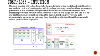 § The cost function will tell us how right the predictions of our model and weight matrix
are, and the choice of cost function will drive how much we care about how wrong each
prediction is. For instance, a hinge loss will assume the difference between each
incorrect prediction value is linear.Were we to square the hinge loss and use that as
our cost function, we would be telling the system that being very wrong gets
exponentially worse as we get away from the right prediction. Cross Entropy would
offer a probabilistic approach.
 