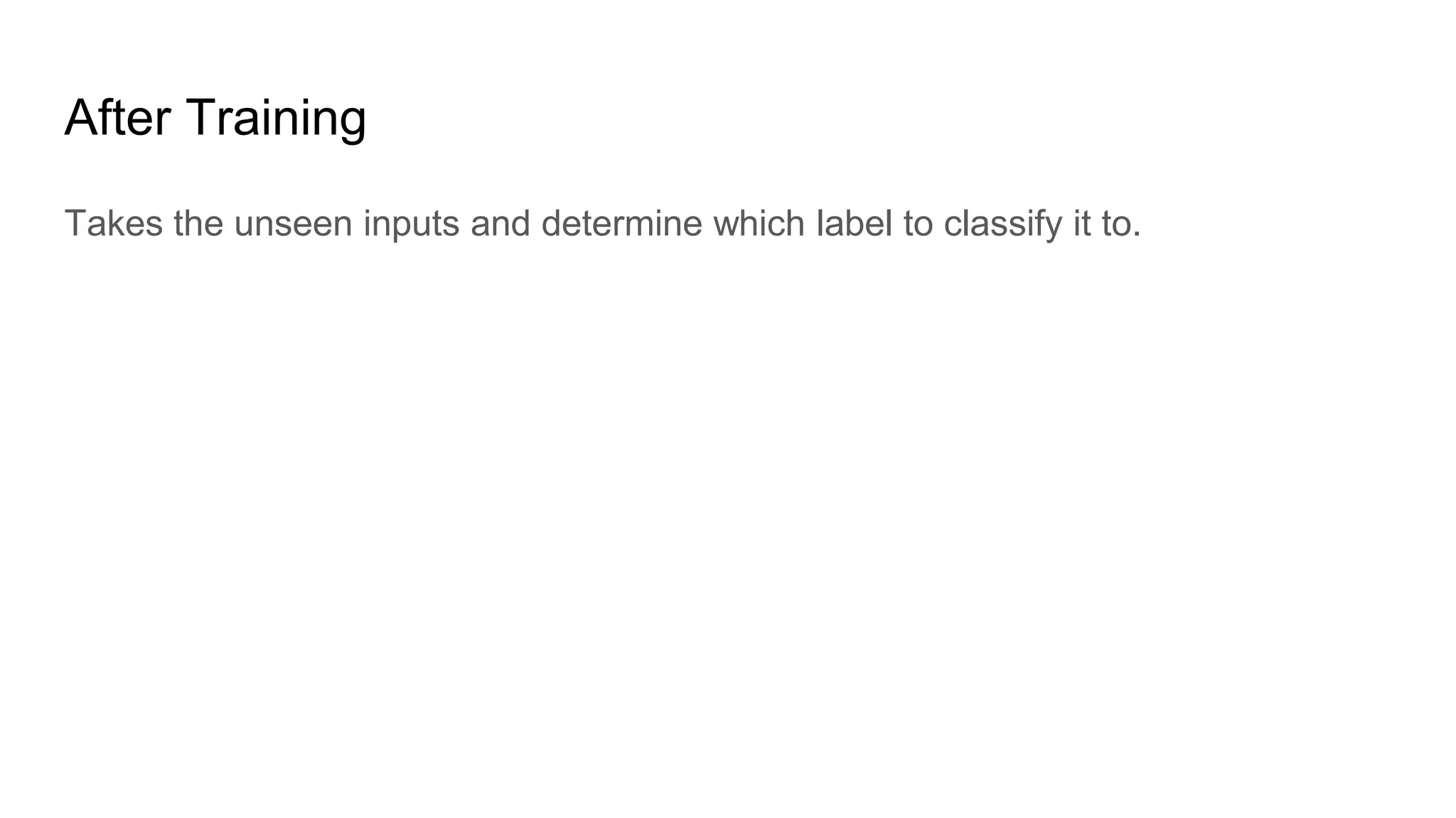 After Training
Takes the unseen inputs and determine which label to classify it to.
 